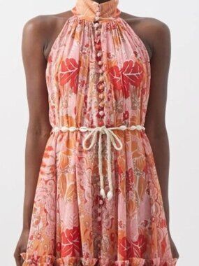 Zimmermann Violet Short Halter Dress Coral Floral Shell Detail Size 1